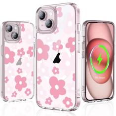 YNSZAS Capa para iPhone 15 Plus, compatível com MagSafe, capa de telefone fofa com flores coloridas exclusivas, policarbonato rígido + TPU à prova de choque, capa protetora floral retrô feminina para