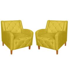 Kit 02 Poltronas Decorativas Munique Pés Trapézio Suede Amarelo - DS E