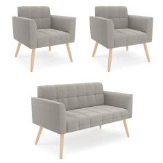 Namoradeira E 2 Poltronas Pé Palito Natural Elisa Bouclê Cinza D03 - D`rossi