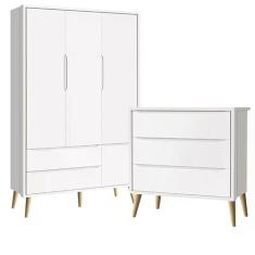 Guarda Roupa 3 Portas e Cômoda 3 Gav Theo Branco Fosco Pés Madeira Nat