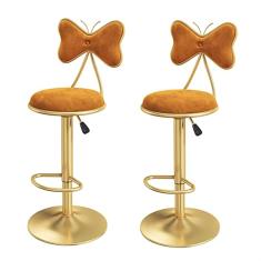Conjunto de 2 Banquetas de Veludo Dourado, Cadeira Alta de Ilha De Cozinha, Banqueta de Barra Giratória de Altura Ajustável, Assento de Sala de Jantar com Altura de Balcão com Encosto, 24"-33"