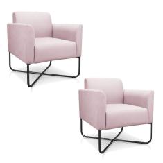 02 Poltronas Marisa Suede Rosa Bebê Base X Industrial Preta