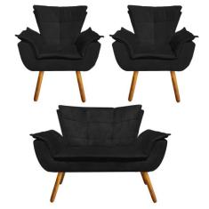 Namoradeira e 2 Poltronas Pé Palito Castanho Opala Suede Preto - DRoss