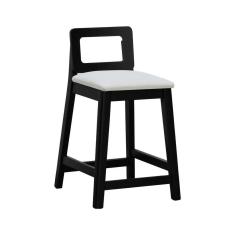 Banqueta Média River Madeira Maciça - Preto Assento Estofado Linho Bege