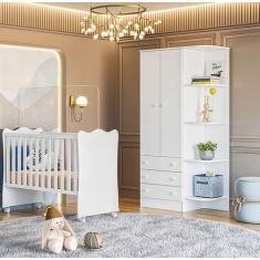 Quarto de Bebê Doce Sonho Roupeiro 825 + Berço 1 Qmovi Branco com Colc