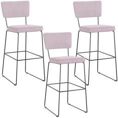 Kit 03 Banquetas Alta Para Cozinha Sala De Jantar Base Em Aço Allana L02 Suede Rosê