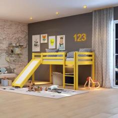 Cama Alta Kids com Escorregador em Madeira Maciça - Amarelo - Arbol Mo