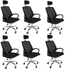 Kit 6 Cadeiras Office Presidente com Encosto e Rodízios Cádis Preto