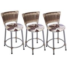 Kit 3 Banquetas Baixas Prata com Encosto Junco Capuccino Assento Flora