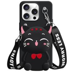 SGVAHY Capa carteira para iPhone 13 Pro Max com cordão de cordão fofo gato preto bolsa de moeda engraçada capa de telefone kawaii de silicone macio à prova de choque para mulheres meninas