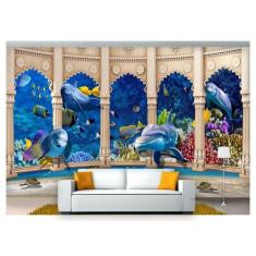 Papel De Parede Vida Marinha Golfinhos Mar 3D At69 - Você Decora