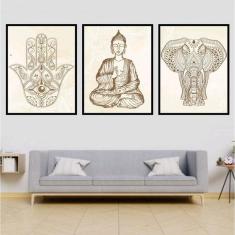 Kit 3 Quadros Decorativos Buda Zen Hamsa E Elefante 34x23cm