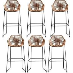 Banqueta de bar de vime de vime de vime com apoio para os pés e encosto, banco de bar alto estilo simples com base de metal preto, para cozinha, pub, café, balcão, casa, cadeira de jantar de vime, 6