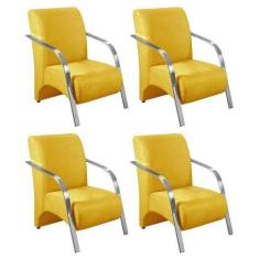 Kit 4 Poltronas Decorativas 1 Lugar Sevilha Braço Pé Alumínio Confortável Sala TV Suede Amarelo