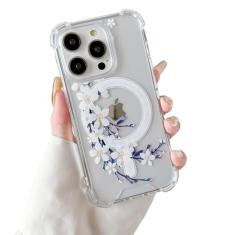 DEFBSC Capa magnética para iPhone 16 Pro Work with Magsafe, design de estampa floral transparente com estampa de acrílico flexível à prova de choque para mulheres e meninas, capa protetora de flores,