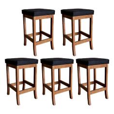 Kit 5 Banquetas Média Estofada Barcelona 64 Cm Madeira Maciça Suede Preto CCS