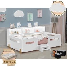 Cama Juvenil Mary com Escada Led e Nicho Colchão Branco/Caramelo Acompanha Luminária Nuvem