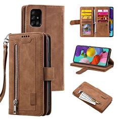 UEEBAI Capa carteira para Samsung Galaxy A51, retrô com 9 compartimentos para cartões, bolso com zíper, bolsa de mão de couro PU, fecho magnético, suporte com alça de pulso TPU à prova de choque, capa