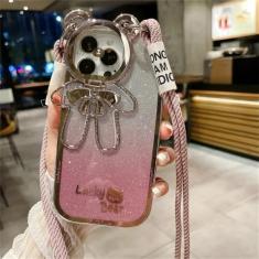 Capa de telefone com suporte de lente brilhante para iPhone 15 14 13 12 11 Pro Max XR 7 SE Capa de corda portátil crossbody, rosa gradiente, para iPhone 13 Pro