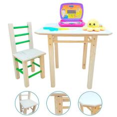 Mesa Com 1 Cadeira Infantil De Madeira MDF Maciça Resistente - Janets,