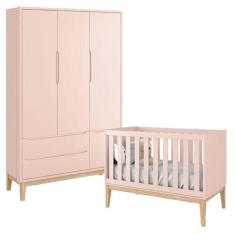 Berço Americano e Guarda Roupa Classic 3 Portas Rosa com Pés Madeira N