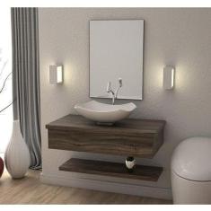 Conjunto para Banheiro Gabinete 80cm Cuba Abaulada L42 Prateleira e Espelheira 806W Metrópole Compace Carvalho Dark