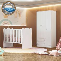 Quarto de Bebê Doce Sonho com Roupeiro 2617 e Berço Simples 1 Qmovi Branco + Colchão Ortobom