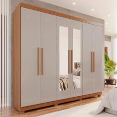 Guarda-roupa 6 Portas 4 Gavetas com Espelho com Pés New Malibu Espresso Móveis Cinamomo/Off White