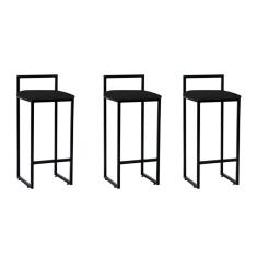 Kit 3 Banquetas Industriais Premium Bar Cozinha Bistrô Em Aço Dori Preta Assento Suede Preto