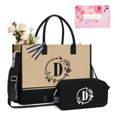 TOPDesign Bolsa de juta com inicial personalizada com 5 bolsos, fecho de zíper superior, conjunto de para mulheres, mães, professores, Preto e marrom, Large