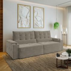 Sofá Retrátil e Reclinável com Porta Copos e Usb 4 Lugares 270cm Embaúba Extra Cabecasa Madeiramadei Cinza Claro Fosco