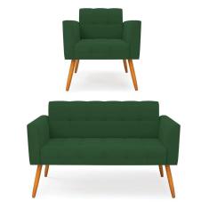 Kit 1 Sofá Namoradeira E 1 Poltrona Elisa Veludo Pés Palito Castanho - D`rossi Cor Verde