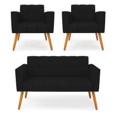Kit 1 Sofá Namoradeira E 2 Poltronas Elisa Linho Preto A79 Pés Palito Castanho - D`rossi