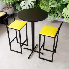 Conjunto Mesa Alta Bar Bistrô Redonda Preta 2 Banquetas Confort Estofa
