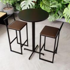 Conjunto Mesa Alta Bar Bistrô Redonda Preta 2 Banquetas Confort Estofa