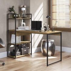 Mesa de Escritório com Estante 3 Prateleiras 136cm Industrial Kappesberg Freijó/Preto Fosco