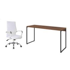 conjunto de mesa studio nogal 150 cm com cadeira de escritório diretor giratória cleaner branca