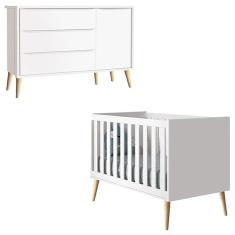 Berço Americano e Cômoda com Porta Infantil Theo Branco Acetinado Pés Madeira Natural – Reller