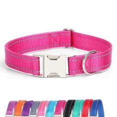 JAY D.L Coleira refletiva para cães com fivela de metal, coleiras de nylon macio e resistente com fivela de liberação rápida, coleiras ajustáveis para animais de estimação com anel de identificação