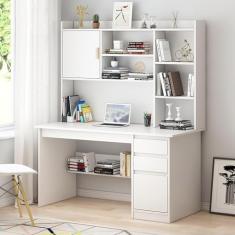 Mesa de madeira para computador com estante e cabana, grande mesa de escritório doméstico com gaveta e prateleira de armazenamento, mesa moderna para laptop PC, mesa de trabalho com economia de espaço