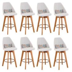 Kit 08 Banquetas Alta Giratória Maya Estrutura Madeira de Eucalipto Assento Tecido Linho Bege Gat Magazine