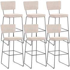 Kit 06 Banquetas Alta Para Cozinha Sala De Jantar Base Em Aço Allana L02 Suede Bege