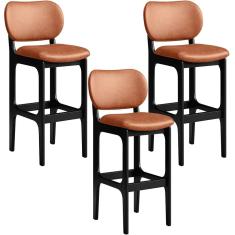 Kit 3 Banquetas Alta Betta L02 Madeira Maciça Assento Courino Preto Camel Lyam Decor