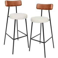 Kit 02 Banquetas Alta Cozinha Sala Jantar Milão L02 Couríssimo Camel Linho Champagne