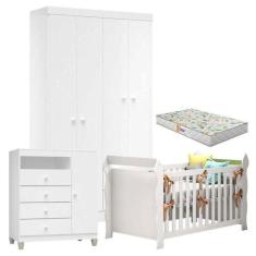 Quarto De Bebê 4 Portas Ternura Baby Com Berço Lara Branco Brilho Com 