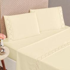 Jogo de Lençol Casal 4 Peças Percal 400 Fios Ponto Palito Bordado Infi