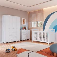 Quarto de Bebê Completo Berço 3 em 1, Guarda-roupa 4 Portas e Cômoda 1