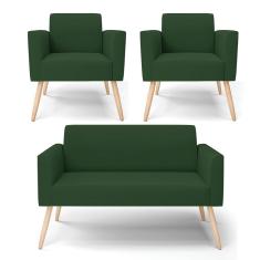 Sofá Namoradeira com 2 Poltronas Pés Palito Natural Marisa Veludo Verde D03 - D'Rossi