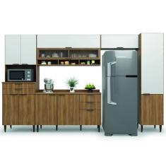 Armário de Cozinha Completa Com Balcão Nicho Para Micro Ondas 11 Portas 5 Gavetas Paris Nogal/Branco Batrol