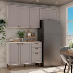 Cozinha Compacta com Tampo 6 Portas 3 Gavetas Iluminata Branco/Cinza
